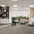 Public Office Space With Large Windows Recessed Lights Long Desk Computer Monitors Office Chairs And Gray Carpet