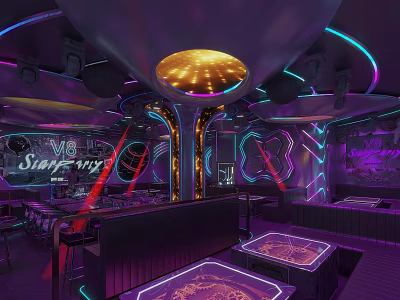 Modern Bar Interior With Neon Lights Purple Tones Laser Lights Bar Counter Seating Area And Stylish Design 3d model