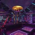 Modern Bar Interior With Neon Lights Purple Tones Laser Lights Bar Counter Seating Area And Stylish Design