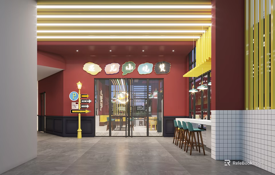 Vibrant Shopping Mall Store With Red Walls Neon Signs Glass Doors And Green Bar Stools 3d model 