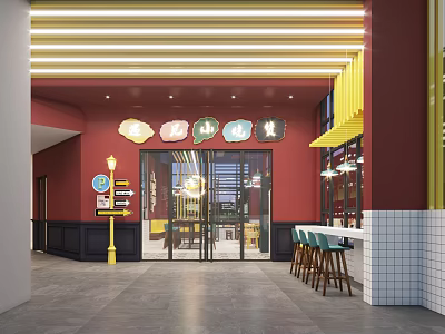 Vibrant Shopping Mall Store With Red Walls Neon Signs Glass Doors And Green Bar Stools 3d model