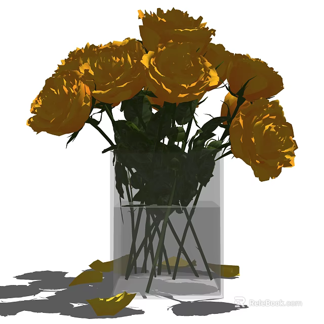 Fresh Yellow Roses in Clear Glass Vase with Green Leaves for Home Decor 3d model 