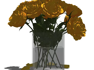 Fresh Yellow Roses in Clear Glass Vase with Green Leaves for Home Decor 3d model