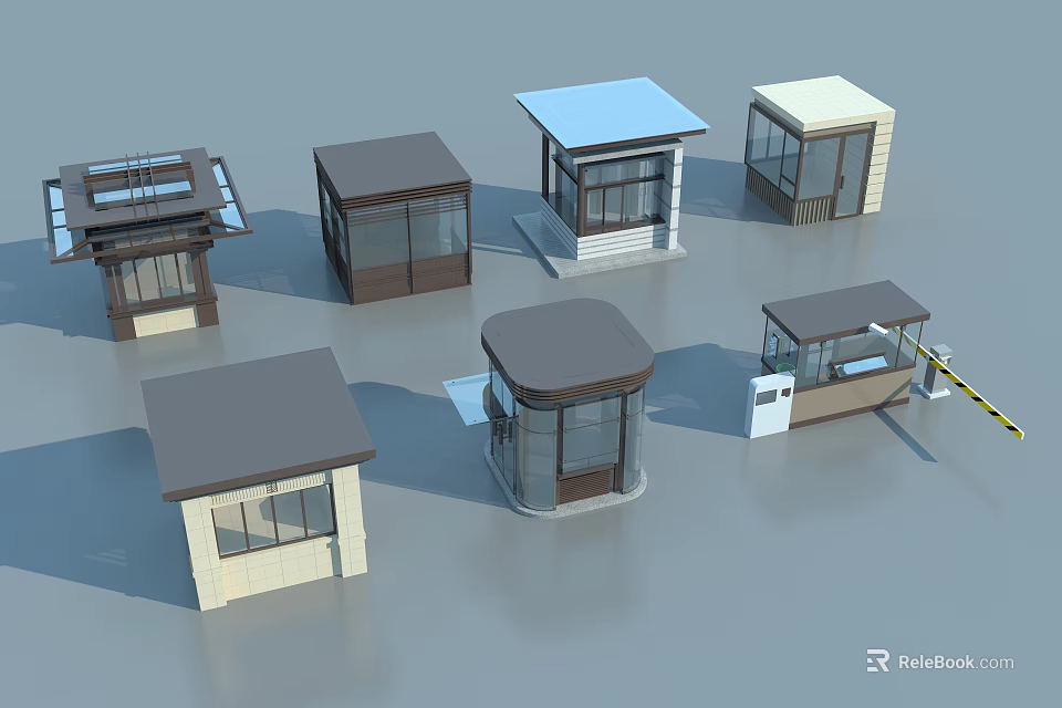 Various Modern Security Booths With Different Roof Styles And Glass Windows 3d model 
