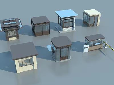 Various Modern Security Booths With Different Roof Styles And Glass Windows 3d model