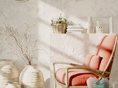 Coral Pink Lounge Chair with Wicker Frame White Textured Wall Vases Plants and Shelf Decor 3d model