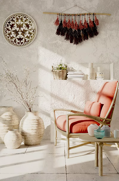Coral Pink Lounge Chair with Wicker Frame White Textured Wall Vases Plants and Shelf Decor 3d model