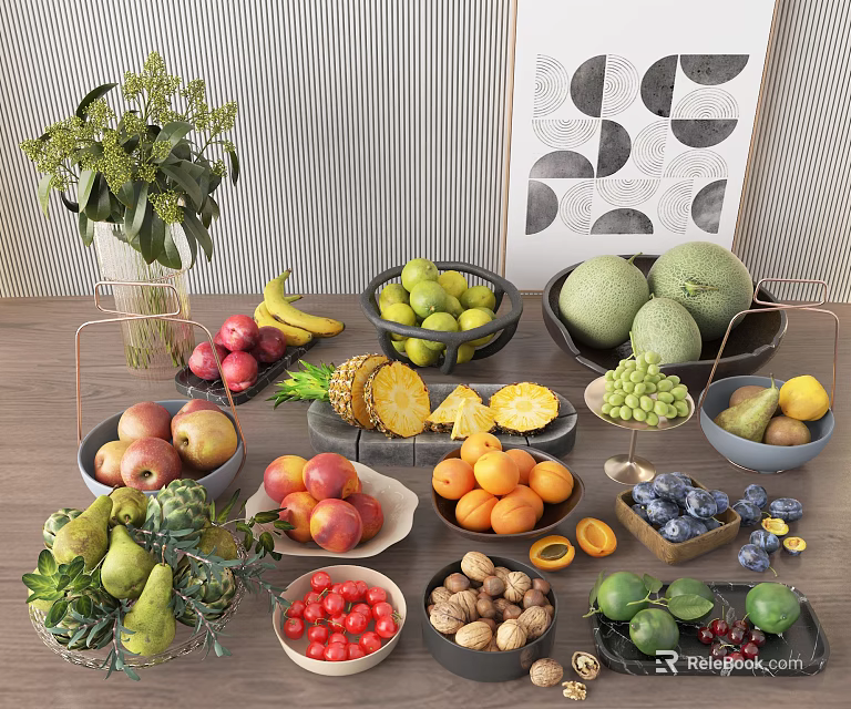 Fresh Assorted Fruits Display With Apples Bananas Pineapple Melons And Berries In Bowls On Table 3d model 