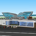 Large Public Building With Blue Roof Glass Structure Circular Paved Area Parking Lot And Trees