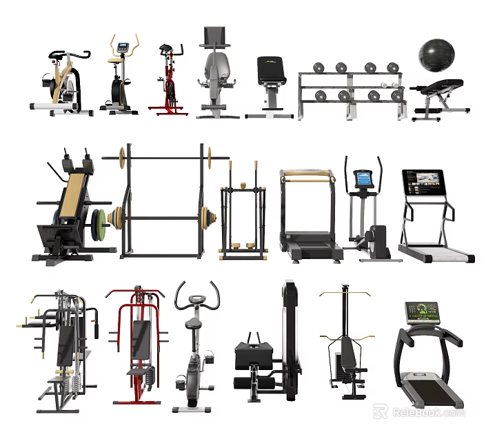 Home Gym Sports Equipment Collection Featuring Treadmills Dumbbells Barbells Exercise Bikes And Benches 3d model 