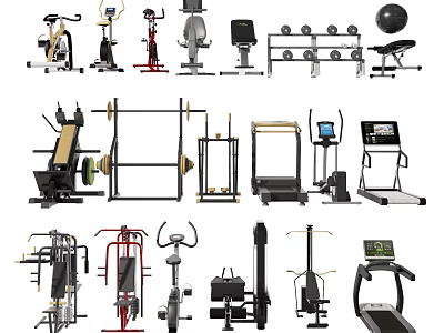 Home Gym Sports Equipment Collection Featuring Treadmills Dumbbells Barbells Exercise Bikes And Benches 3d model