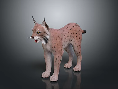 3D Lynx Model with Pink Fur and Spots Standing on Dark Background Open Mouth 3d model