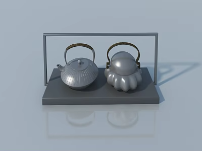 Two Silver Teapots On Gray Metal Frame Stand With White Background 3d model