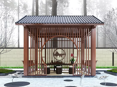 Traditional Chinese Wooden Pavilion With Circular Design And Tile Roof In Garden Setting 3d model