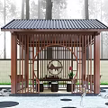 Traditional Chinese Wooden Pavilion With Circular Design And Tile Roof In Garden Setting