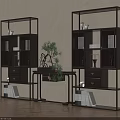 Modern Black Display Shelves With Drawers Open Compartments Decorative Items Potted Plant On Wooden Floor