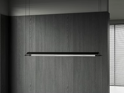 Modern Linear Pendant Light Hanging Over Dark Wooden Wall With Adjacent Window Blinds 3d model