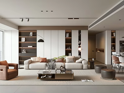 Modern Living and Dining Area Interior Design With Sofa Coffee Table Bookshelves And Floor Lamp 3d model