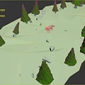 Low Poly Cartoon Scene Featuring Green Trees White Animal and Snowy Ground