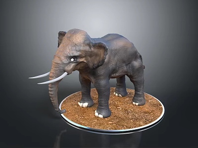 Realistic Detailed Elephant Model With Long Tusks On Circular Earth Base 3d model