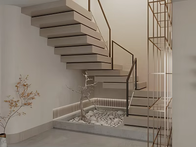 Modern Staircase with Wooden Steps and Metal Railings in Minimal Interior with Pebble Tree Landscape 3d model