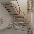 Modern Staircase with Wooden Steps and Metal Railings in Minimal Interior with Pebble Tree Landscape
