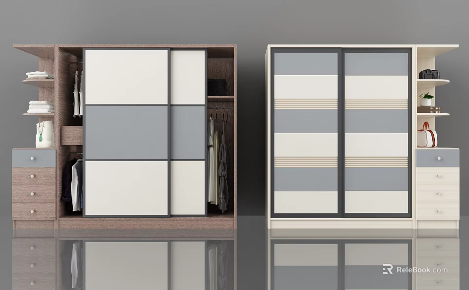 Modern Wardrobe With Sliding Doors And Panel Designs In Brown And White 3d model 