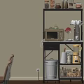 Black Multi Tiered Storage Shelf with Microwave Coffee Cup Holder and Blender in Kitchen