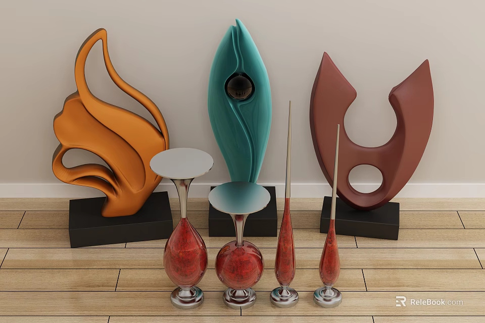 Modern Decorative Ornament Set With Abstract Shapes And Orange Green Brown Red Accents 3d model 