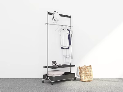 Modern Rolling Clothes Rack With Hanging Clothes Hat Shoes Shelves And Woven Bag 3d model