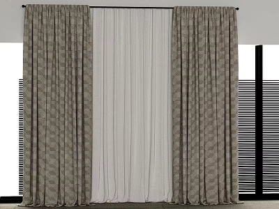 Neutral Toned Geometric Pattern Panel Curtains With White Sheer Window Drapes 3d model