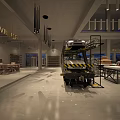 Public Office Space Interior With Race Car Display Wooden Walls Concrete Elements And Hanging Lights