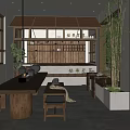 Traditional Tea House Interior With Wooden Shelves Tea Sets And Green Plants