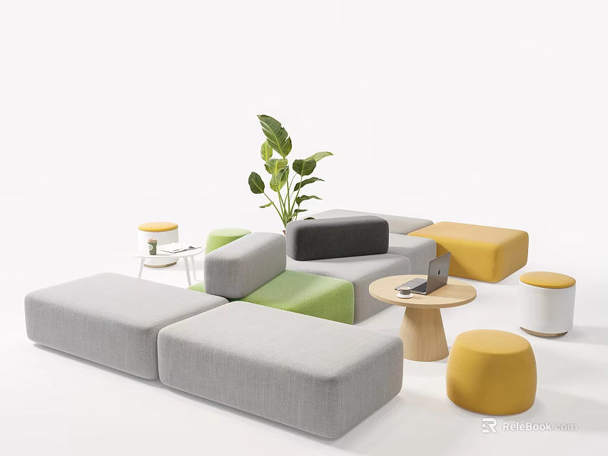 Modern Modular Sofa Set with Gray Green Yellow Sections Stools Side Tables and Plant 3d model
