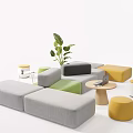 Modern Modular Sofa Set with Gray Green Yellow Sections Stools Side Tables and Plant 3d model