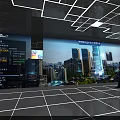 Modern Control Room With Large Display Screen Showing City Buildings And Data Charts