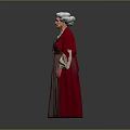 Elderly Woman in Red Cloak and Brown Dress with Lace Cuffs Standing Against Gray Background