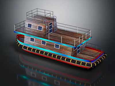 Two Story Wooden Boat With Deck Railing Windows And Colorful Trim 3d model