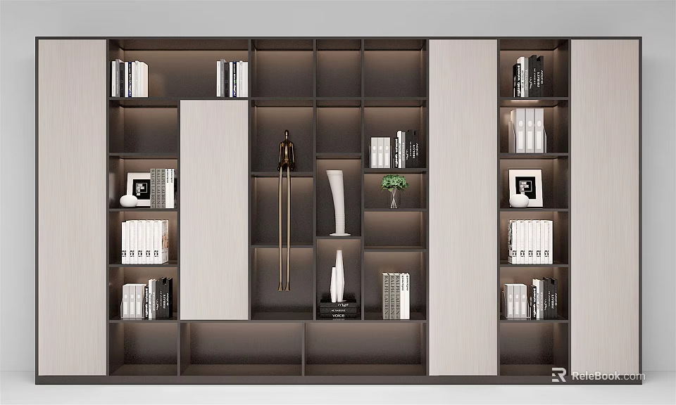 Modern Wooden Bookcase With Multiple Shelves Books Decorative Items Photo Frames And Vases 3d model 