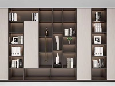 Modern Wooden Bookcase With Multiple Shelves Books Decorative Items Photo Frames And Vases 3d model
