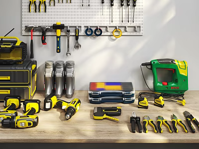 Hardware Tools Various Types with Drills Wrenches Screwdrivers Organized on Wall and Table 3d model
