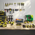 Hardware Tools Various Types with Drills Wrenches Screwdrivers Organized on Wall and Table 3d model