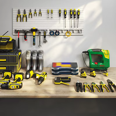 Hardware Tools Various Types with Drills Wrenches Screwdrivers Organized on Wall and Table 3d model