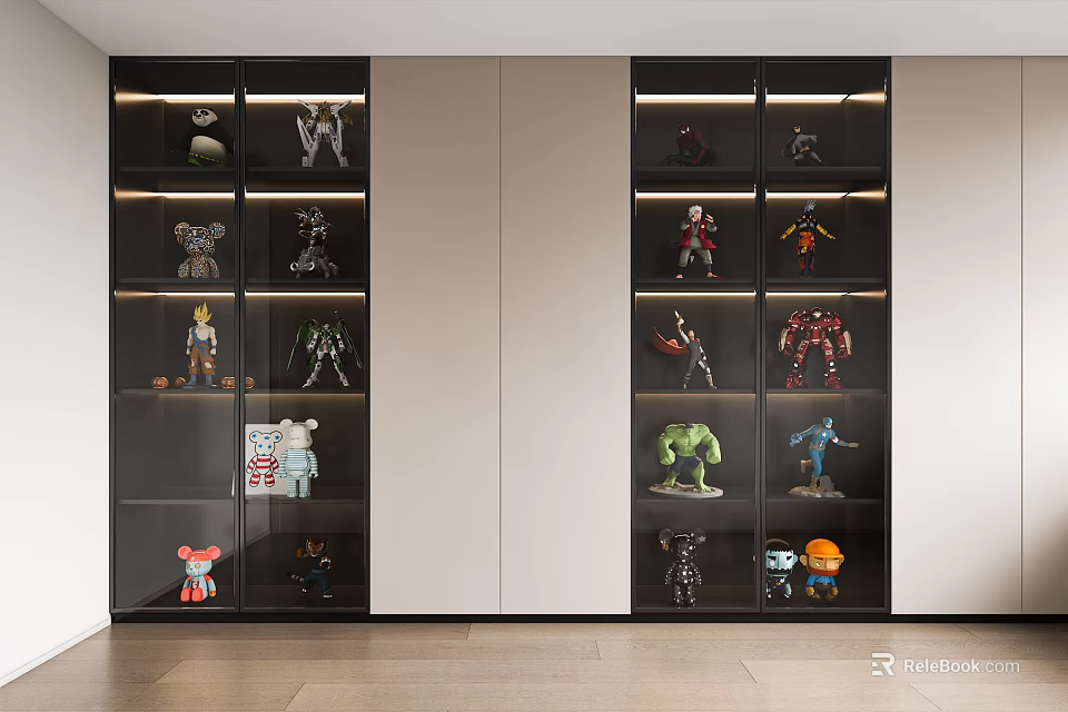 Modern Display Cabinets With Glass Doors And Multiple Shelves Showcasing Collectible Action Figures 3d model 