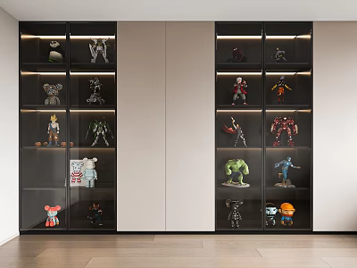Modern Display Cabinets With Glass Doors And Multiple Shelves Showcasing Collectible Action Figures 3d model