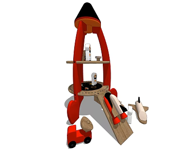 Building Blocks Rocket Shaped Red Black Top With Shelf Little Figure Slide Car And Plane 3d model