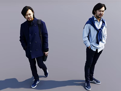 Two Men Posing in Dark Blue Coat Light Blue Shirt Scarf Backpack and Blue Sneakers 3d model