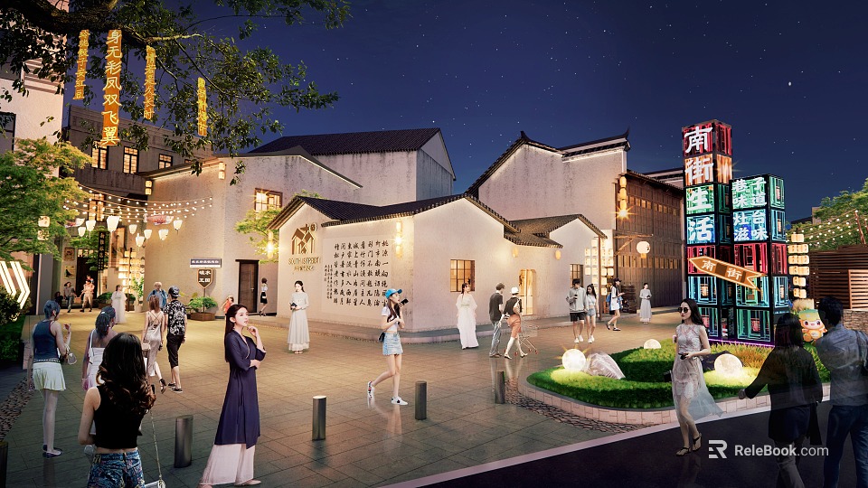 Chinese Traditional Commercial Landscape Night View with Illuminated Buildings and People Walking in Public Plaza 3d model 