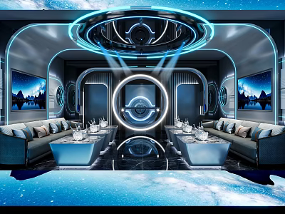 Futuristic KTV Room Interior With Blue Lights Sofas And Screens 3d model