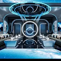 Futuristic KTV Room Interior With Blue Lights Sofas And Screens